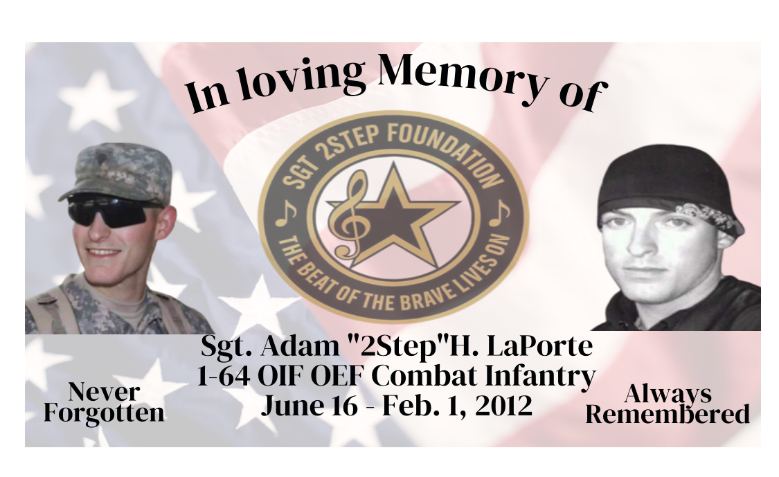 Family tribute to Sgt. Adam ‘2Step,’ showing his Army service, American flag and Sgt 2Step Foundation emblem